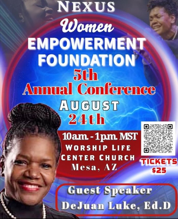 A printed flyer in blue, pink and purple with a tall block of large lettering in its upper half, a photograph of a smiling person holding a microphone in the lower left, a second smaller photograph at the top right, and coloured panels of printed detail and a square code beside them