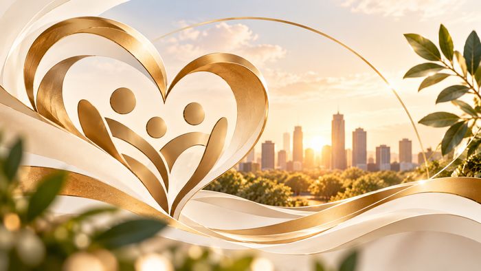 A gold ribbon shaped into a heart in front of a city skyline at sunrise.