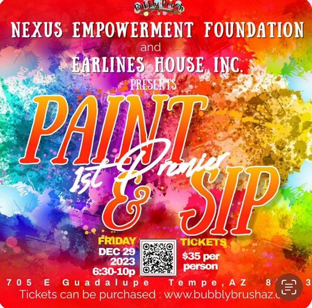 A printed flyer with brightly coloured paint-splash artwork and large lettering across the middle, with smaller panels of print and a square code along the bottom