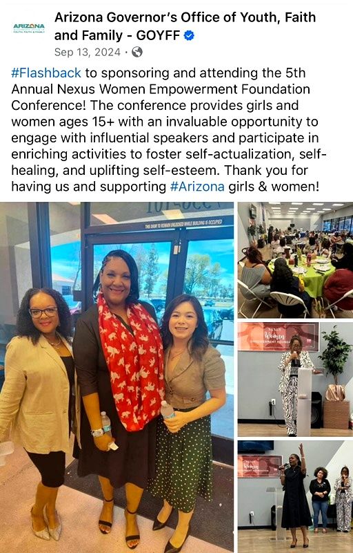 A screenshot of a social media post: a short block of text beneath a small round profile picture and a line of account text, with five smaller photographs of people at an indoor gathering arranged below it