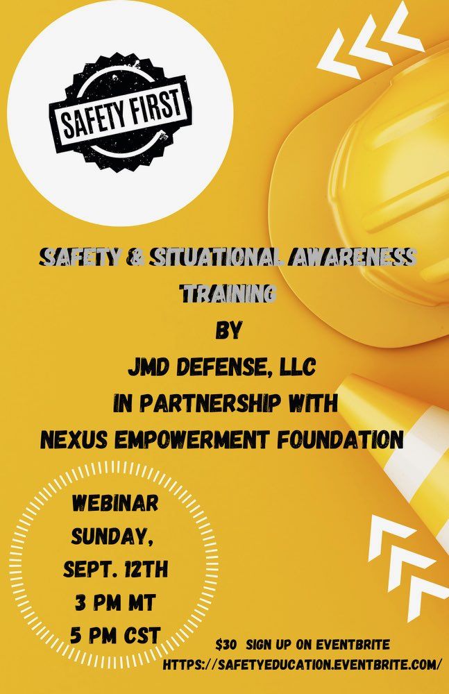 A yellow printed flyer with a circular mark at the top, a drawing of a hard hat and a high-visibility vest, and smaller panels of printed detail below