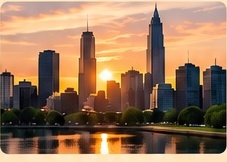 A city skyline at sunset.