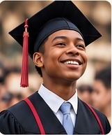 A young person in a graduation cap and gown.