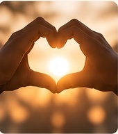 Two hands forming a heart shape around the setting sun.