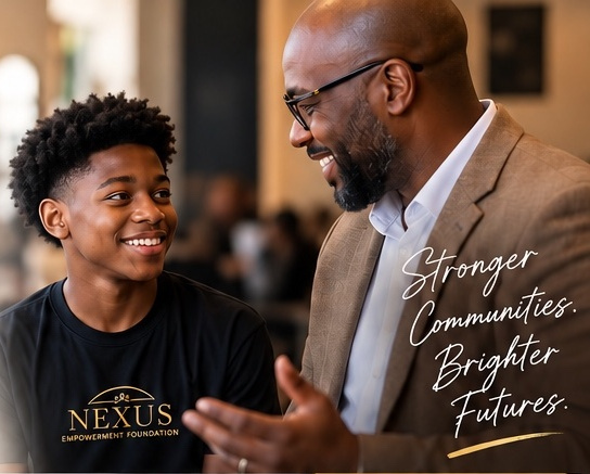A young person in a dark t-shirt in conversation with a man in a suit, beside a script overlay reading 'Stronger Communities. Brighter Futures.'