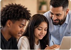 Three people gathered around a laptop.