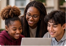 Three young people looking at a laptop together.
