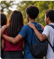 Three young people walking together with backpacks and their arms around one another.