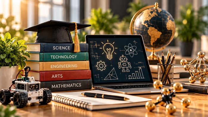 A stack of books labelled Science, Technology, Engineering, Arts and Mathematics topped with a graduation cap, beside a laptop and a globe